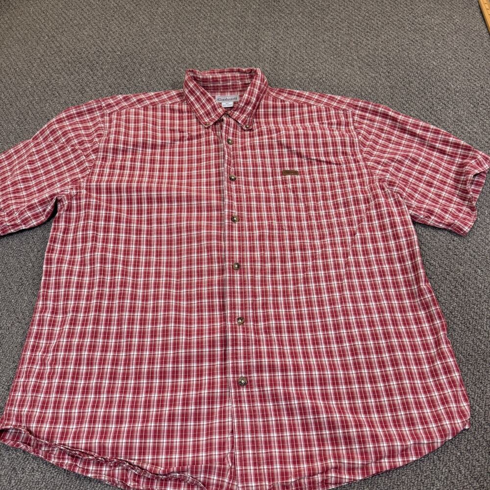 Carhartt Mens XL Short Sleeve Button Down Shirt Light Red Plaid